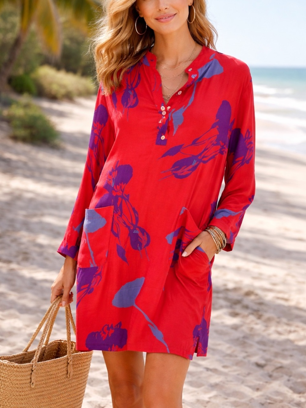 Tucker Red Abstract Floral Silk Long Sleeve Lightweight Shirt Dress size Medium